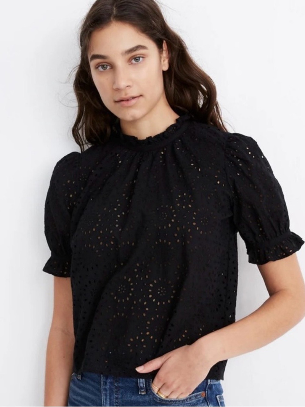 Madewell Black Eyelet Puff-Sleeve Blouse